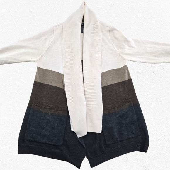 Tahari Brown Striped Wool Blend Open Front Cowl Neck Cardigan Sweater Size XL - Picture 3 of 9